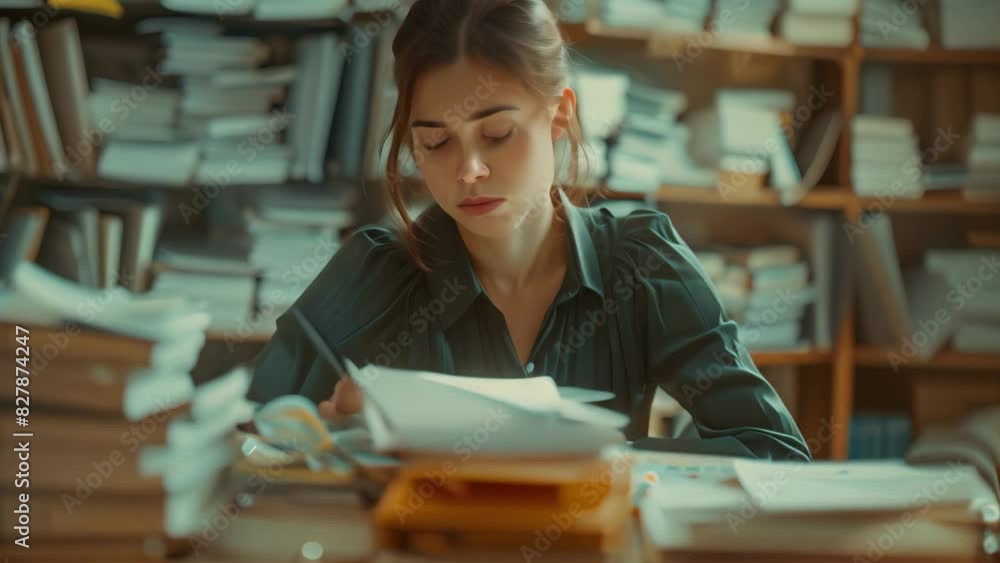 Poster a focused woman sitting at a desk, sorting through multiple stacks of papers and files, a determined
