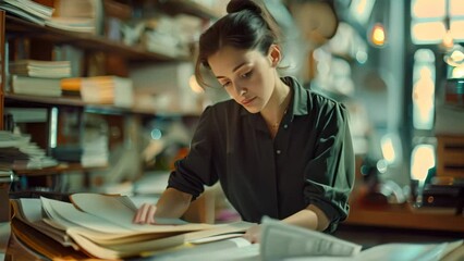 A woman is diligently sorting through a large stack of papers on her desk, A determined woman in a workspace, organizing files and documents with precision - Powered by Adobe