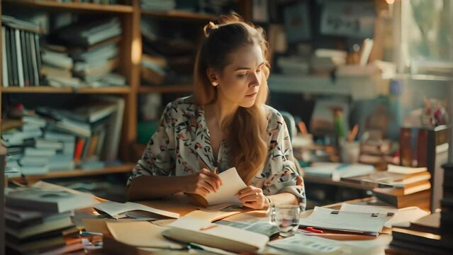 A woman sits at her desk, focused and organized, using a tablet to manage files efficiently, A determined woman in a workspace, organizing files and documents with precision