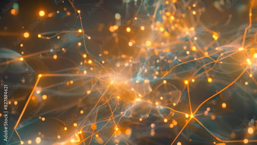 Poster Computer-generated visualization of a complex network formed by interconnecting yellow and blue lights, a digital brain visualized as a intricate web of connections and nodes