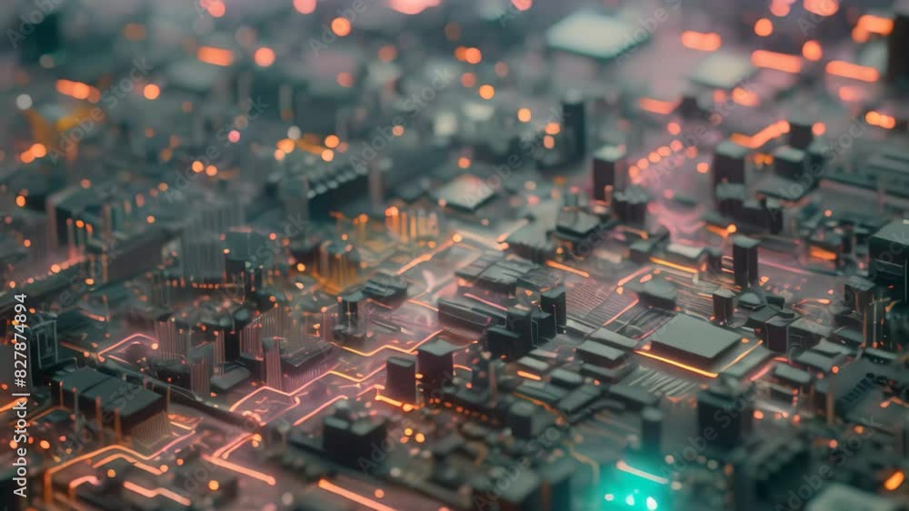 Poster close-up of a complex computer motherboard showing interconnected wires and circuits, a digital land