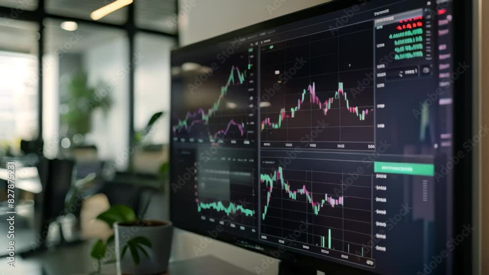 Poster a computer monitor displaying a detailed stock chart graph with various data points and trends, a di