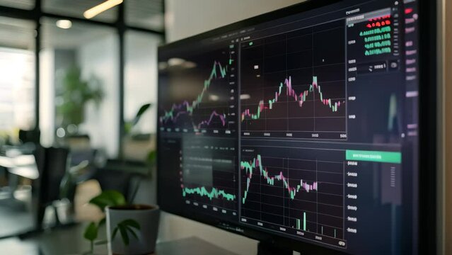 A computer monitor displaying a detailed stock chart graph with various data points and trends, A digital screen displaying graphs and charts of data trends in an office setting