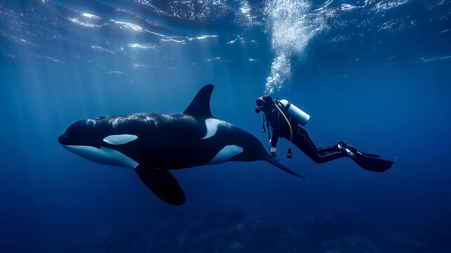 Scuba diver diving snorkeling swimming underwater in blue sea or ocean next to the orca dolphin killer whale. Marine aquatic wildlife animal, dangerous fish predator, deep undersea, travel