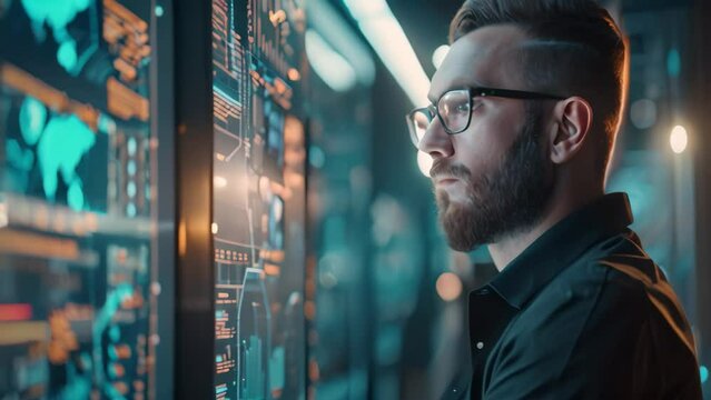 A digital security officer wearing glasses closely monitors content displayed on a computer screen, A digital security officer overseeing the implementation of security policies