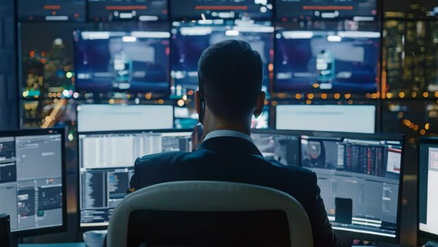 A man sitting at a desk, closely monitoring activities on multiple computer monitors in a security control room, A digital security officer overseeing the implementation of security policies