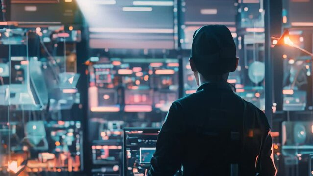 A person sitting in front of a laptop computer, working on digital security measures, A digital security officer overseeing the implementation of security policies