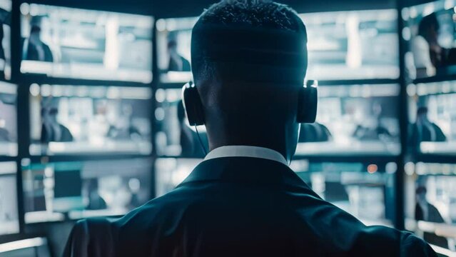 A man wearing a headset stands in front of a wall of television screens, overseeing security operations, A digital security officer overseeing the implementation of security policies