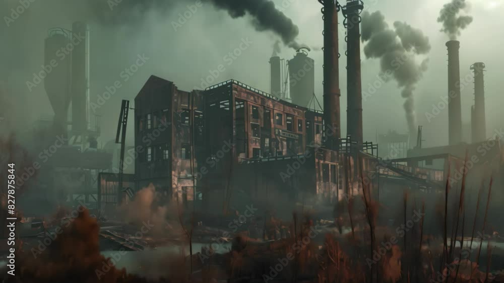 Poster a dilapidated factory with rusting structures emitting thick smoke from its smokestacks, a dilapidat