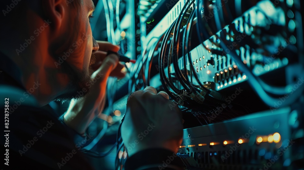 Poster close-up of a man working with telecommunications, switching internet cables on powerful routers. a 