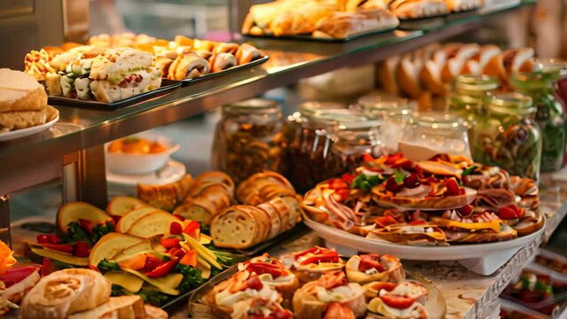 Display case filled with various types of food including pastries and sandwiches, A display of delicious pastries and sandwiches behind a glass counter