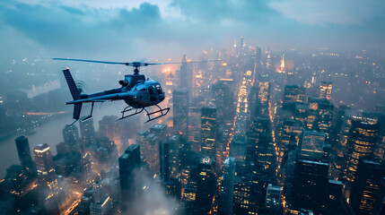 Black helicopter flying in the air above the downtown cityscape architecture at the sunset sky. Aircraft transportation, tall urban skyscraper buildings