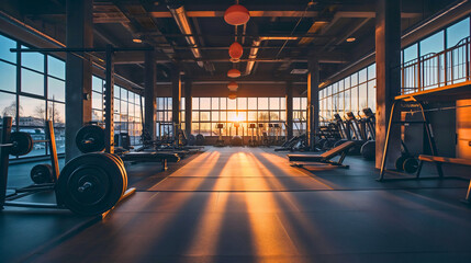 Gym interior with treadmill machines at the sunset. Fitness gymnasium exercise recreation workout club center room indoor