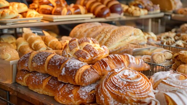 Assorted freshly baked bread and pastries on display in a busy bakery setting, A display of freshly baked bread and pastries