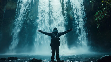 Obraz premium A person standing under a waterfall with arms outstretched, feeling rejuvenated and hopeful