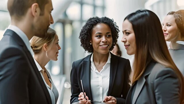 A group of people from different backgrounds standing in a circle engaging in conversation and networking, A diverse group of professionals networking at a conference