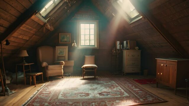 Attic room with sloped ceilings, featuring a rug and a chair, A dreamy attic space with sloped ceilings and skylights