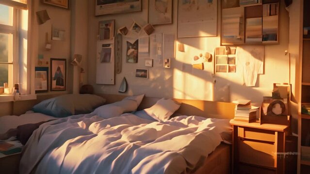 A dorm room featuring a bed and desk, creating a cozy atmosphere ideal for studying and resting, A dreamy depiction of a college dorm room with cozy decor and personal touches