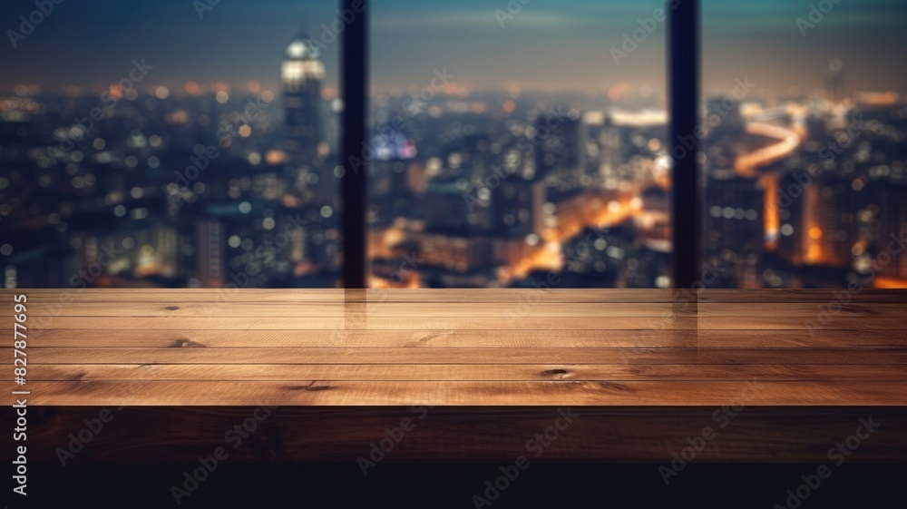 Poster wooden tabletop with blurred cityscape background. an image of table in front of urban city in night