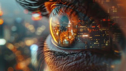 eye reflects digital technology and a futuristic cityscape, symbolizing AI's role in shaping urban life.