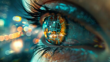eye reflects digital technology and a futuristic cityscape, symbolizing AI's role in shaping urban life.