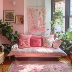 Cozy living room with a pink futon, pink wall art, and pink indoor plants, adding a touch of nature to the space