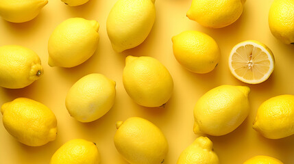 Fresh yellow lemons overhead view - flat lay on a yellow background