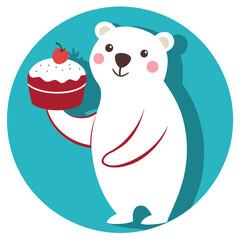 The company logo is cake dessert, simple logo, simple and clean logo, 2d style logo style design, white bear holding the cake