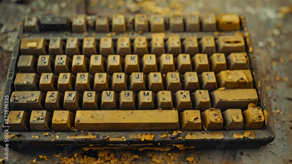 Poster an old computer keyboard covered in dust and with yellowed keys sitting on a dirty floor, a dusty ke