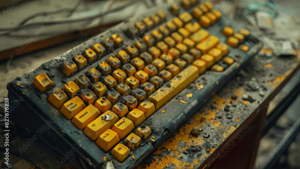 Poster a computer keyboard with keys covered in yellow coloring, giving it a unique appearance, a dusty key