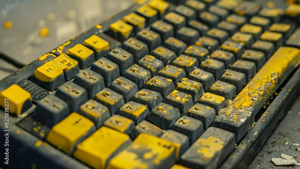 Poster detailed view of a dusty keyboard with yellowed keys, a dusty keyboard with yellowed keys