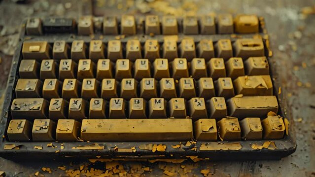 An old computer keyboard covered in dust and with yellowed keys sitting on a dirty floor, A dusty keyboard with yellowed keys