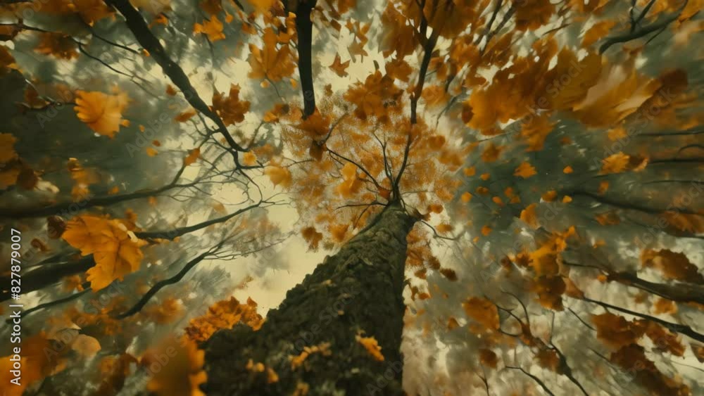 Aufkleber a perspective looking up at a tree with vibrant green leaves fluttering in the wind, a dynamic compo