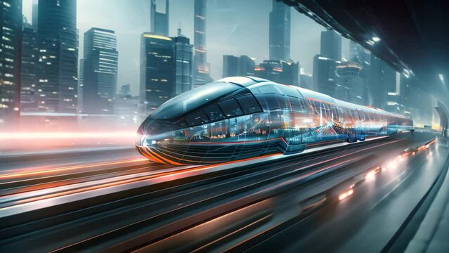 A highspeed maglev train zooms through a city at night, showcasing the dynamic movement and urban setting, A dynamic video of a high-speed maglev train zooming through a futuristic cityscape