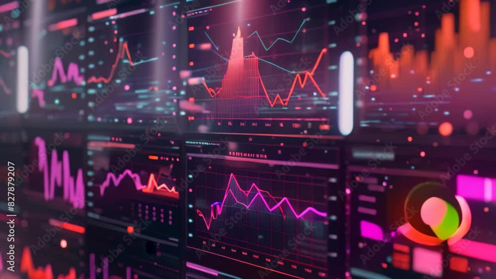 Poster computer screen displaying a dynamic infographic with comprehensive data analytics, a dynamic infogr