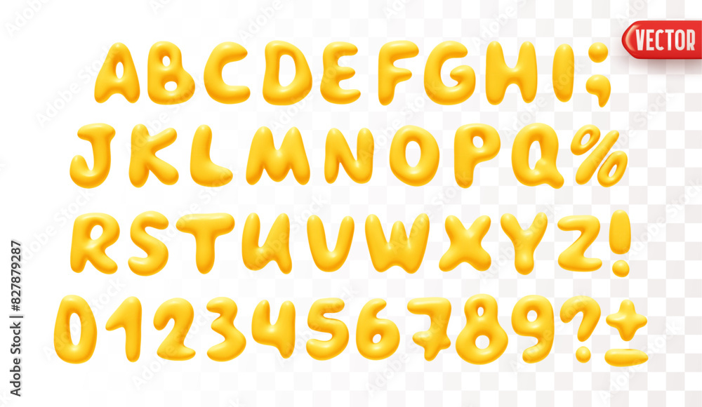 Poster plastic 3d realistic font liquid shapes yellow colors. a set of letters and numbers isolated on a wh