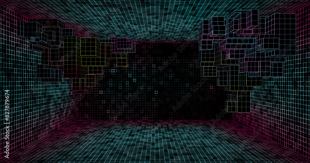 Poster wire low poly frame of a futuristic corridor or tunnel, consisting of lines and polygons in neon col