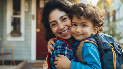 Closeup portrait of mother and child, adult woman mom and little preschool toddler boy son wearing backpack, hugging together, happy and smiling. Parent and child, first grade school