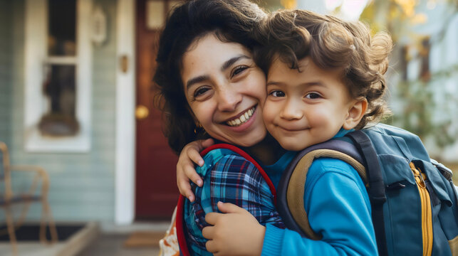 Closeup portrait of mother and child, adult woman mom and little preschool toddler boy son wearing backpack, hugging together, happy and smiling. Parent and child, first grade school