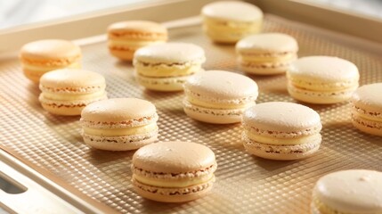 A baking sheet filled with perfectly shaped macarons thanks to the help of a reusable silicone mat.