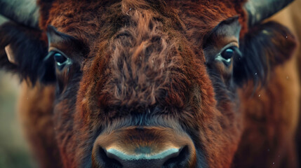 Closeup portrait of a large brown American buffalo bison wildlife animal face and eyes, head with horns. 