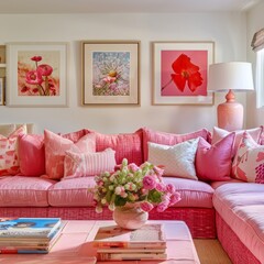 Cozy living room with a pink sectional sofa, pink framed pictures, and a pink coffee table centerpiece, perfect for family gatherings