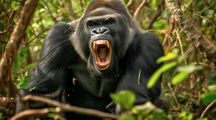 Large or big silverback black gorilla, angry powerful animal roaring in jungle wildlife nature. Strong beast screaming, aggressive, teeth, King Kong