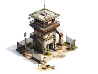 Digital Vector of a dilapidated guard tower with an overgrown roof surrounded by a broken fence and scattered debris under daylight, Game Asset