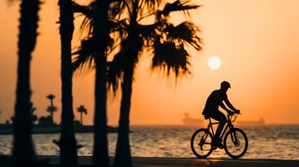 Obraz premium Silhouette of a person riding a bike on ocean or sea beach coast at the sunset. Black palm tree shadow of a man on a bicycle, healthy leisure cycling in the evening. Summer vacation holiday activity