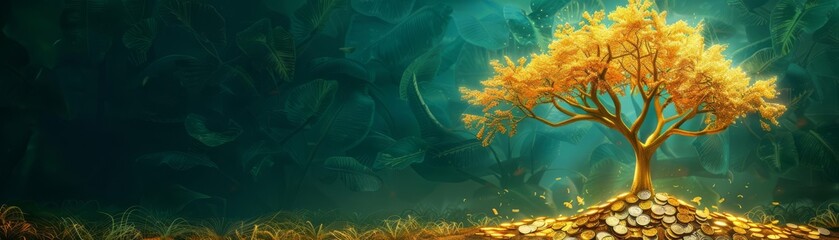 Naklejka premium Magical golden tree with coins for leaves standing in a lush green backdrop, illustrating concepts of wealth and natural growth