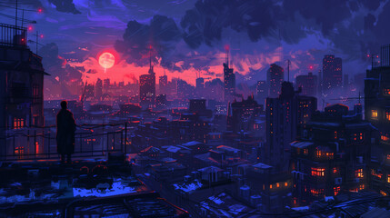 Fototapeta premium Silhouette figure gazes at vibrant sunset over futuristic city skyline