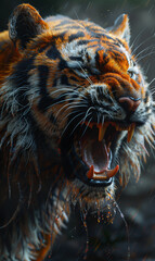Close-up of a tiger snarling, showcasing sharp teeth and intense expression