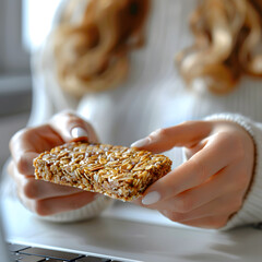Woman holding tasty granola bar working with computer at light table in office, closeup isolated on...