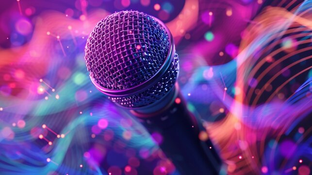 Close-up of a professional Microphone and glow colorful bokeh background 